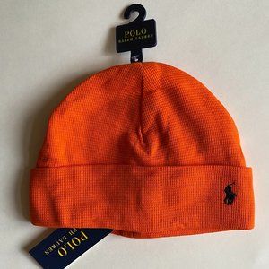 Polo Ralph Lauren Pony Logo Cuffed Thermal Waffle Knit Beanie Ski Hat Cap Orange